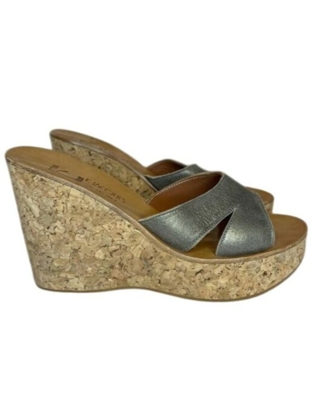 K. Jacques St. Tropez Cork Wedge Sandals In Silver Sz 37 US 6.5